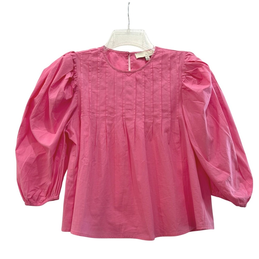 Pinch Pink Puff Sleeve Pleated Bib Blouse Womens Small 3/4 Balloon Sleeve Top